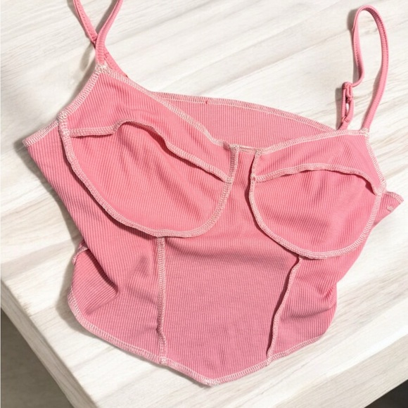 💗 Womens SZ Medium Pink Corset style Tank Top Ribbed Contrast Stitching 💗 - Picture 3 of 4